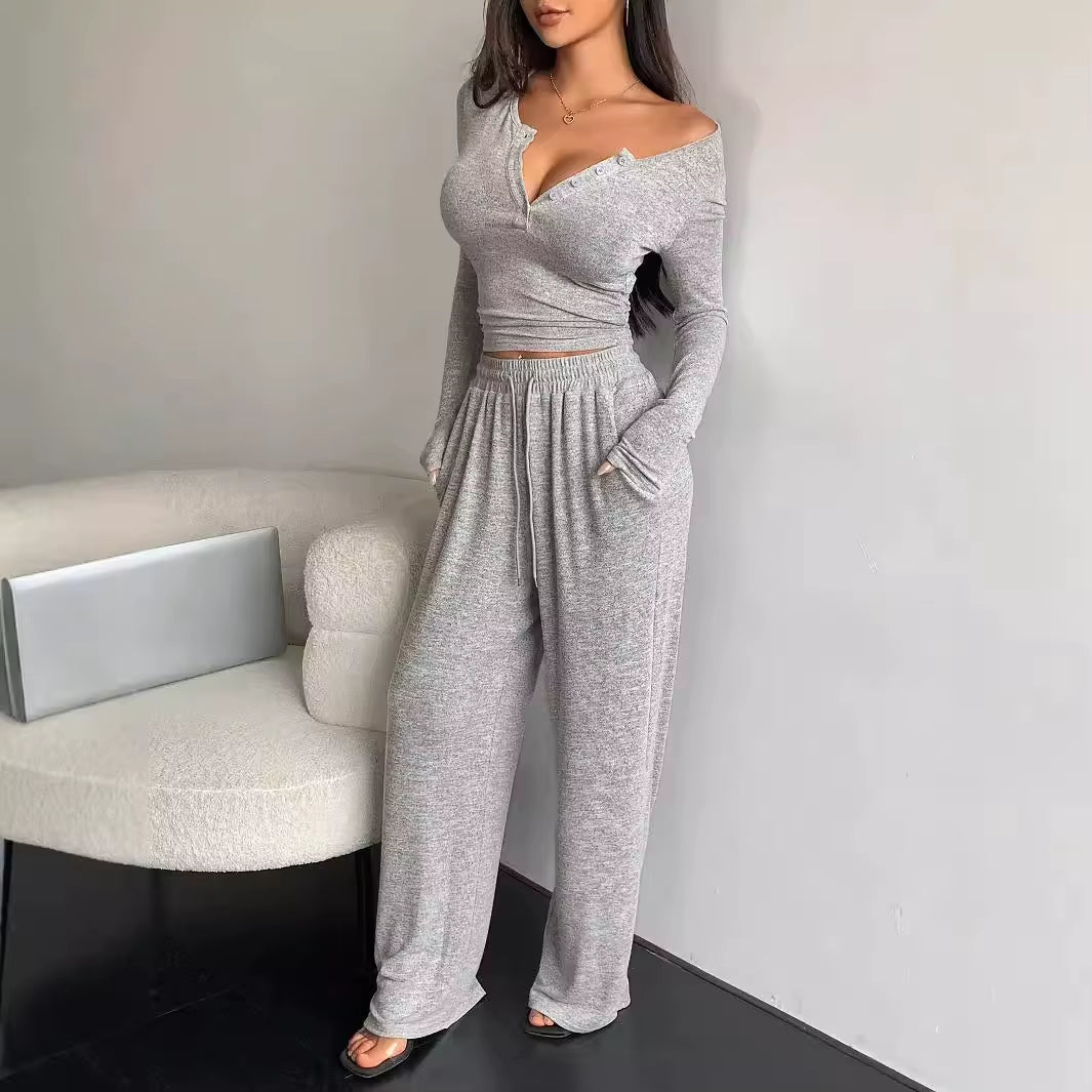 Women'S Two-Piece Fashion Spring/Summer Button Solid Color Long-Sleeved Top Drawstring Pocket Wide-Leg Pants Women Casual Suit