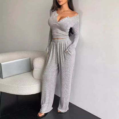 Women'S Two-Piece Fashion Spring/Summer Button Solid Color Long-Sleeved Top Drawstring Pocket Wide-Leg Pants Women Casual Suit