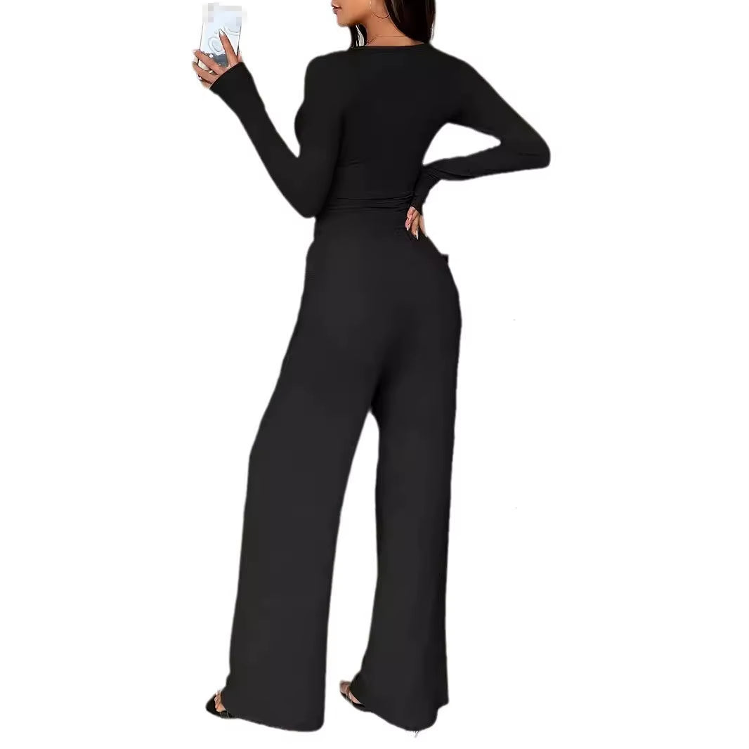 Women'S Two-Piece Fashion Spring/Summer Button Solid Color Long-Sleeved Top Drawstring Pocket Wide-Leg Pants Women Casual Suit