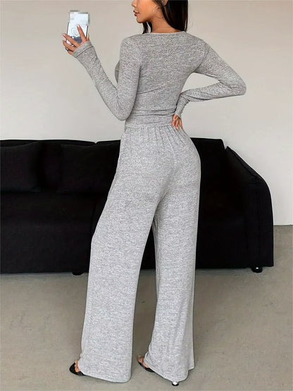 Women'S Two-Piece Fashion Spring/Summer Button Solid Color Long-Sleeved Top Drawstring Pocket Wide-Leg Pants Women Casual Suit