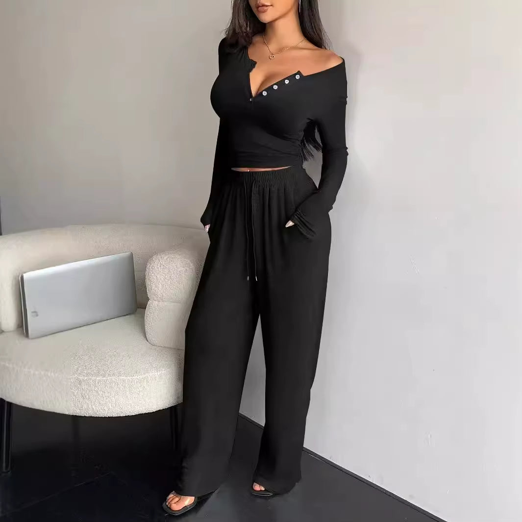 Women'S Two-Piece Fashion Spring/Summer Button Solid Color Long-Sleeved Top Drawstring Pocket Wide-Leg Pants Women Casual Suit