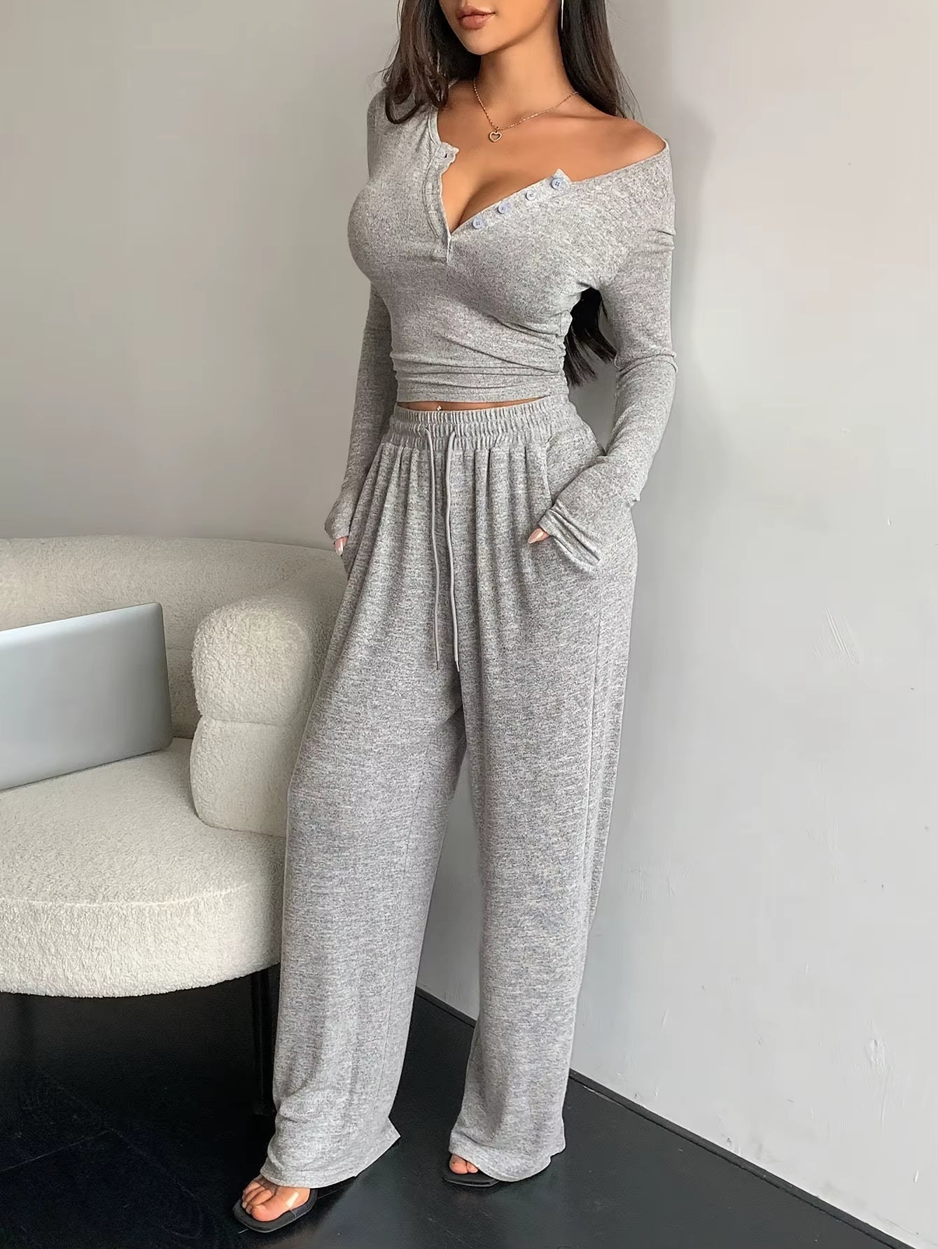 Women'S Two-Piece Fashion Spring/Summer Button Solid Color Long-Sleeved Top Drawstring Pocket Wide-Leg Pants Women Casual Suit